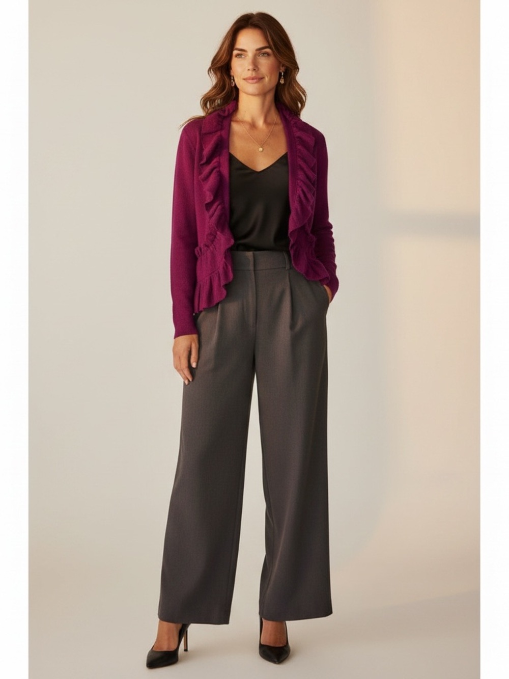 Tribal Pristine Magenta Wool Pin Tuck Ruffle Cardigan Jacket Pocket Detail M
